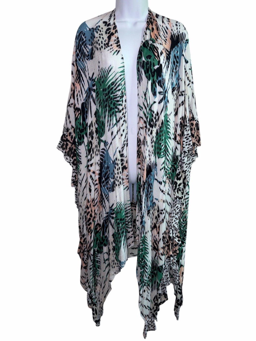 SHIRALEAH Tropical Leaf Animal Print Ruffled Kimono Green Blue Black White Pink